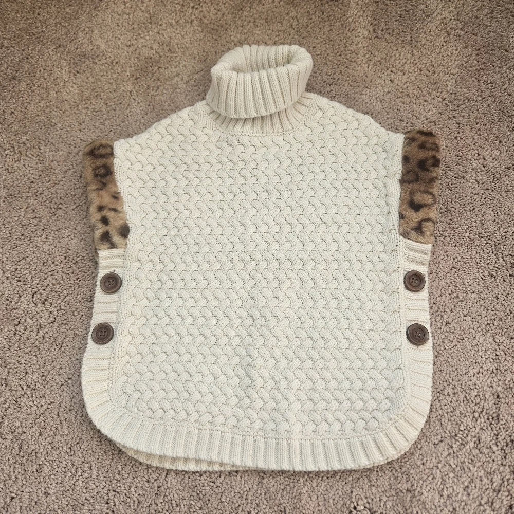 Aspen Kids Girls Turtleneck Poncho Cream Sweater Beige Cream Faux Fur Youth 4T